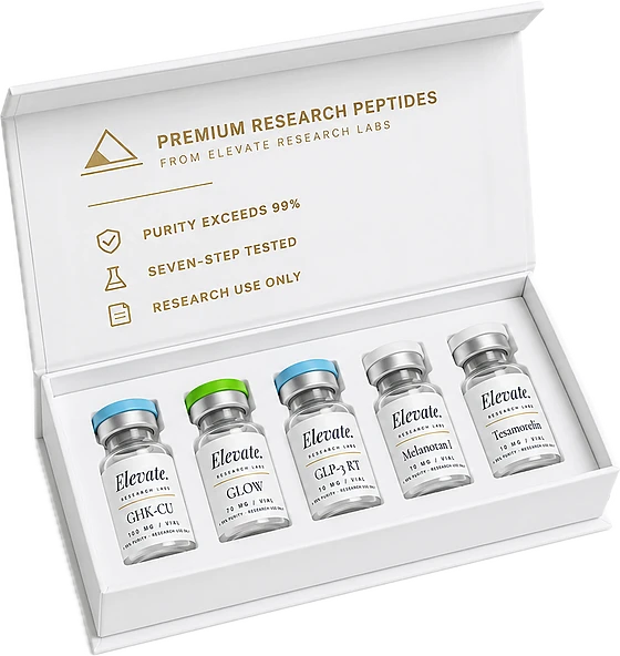 An open Elevate Research Labs case, five sealed research vials seated upright in a fitted cradle